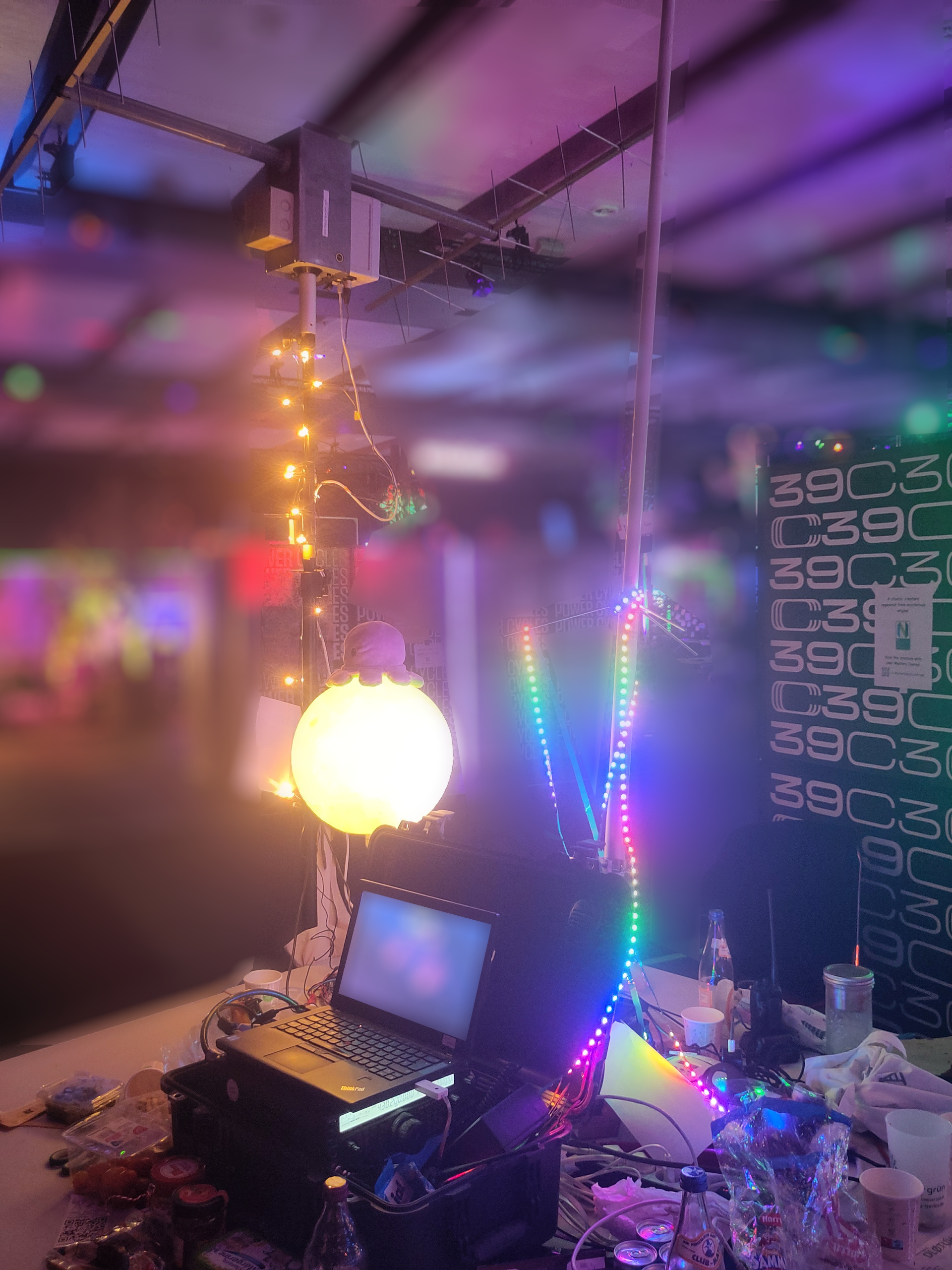 ham radio station at the C3Space assembly, decorated with led strips